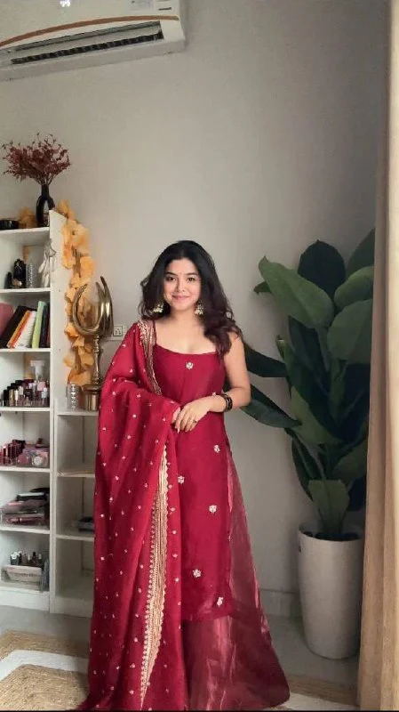 Royal Red Jimi Choo Embroidered Partywear Suit Set with Dupatta