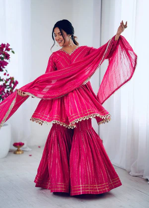Elegant Anarkali Kurti Sharara Gharara With Gold Detailing Sharara Set