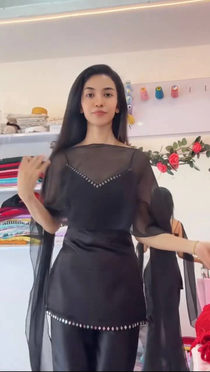 Elegant Black Mirror Kurti With Palazzo Dupatta Kurta Set