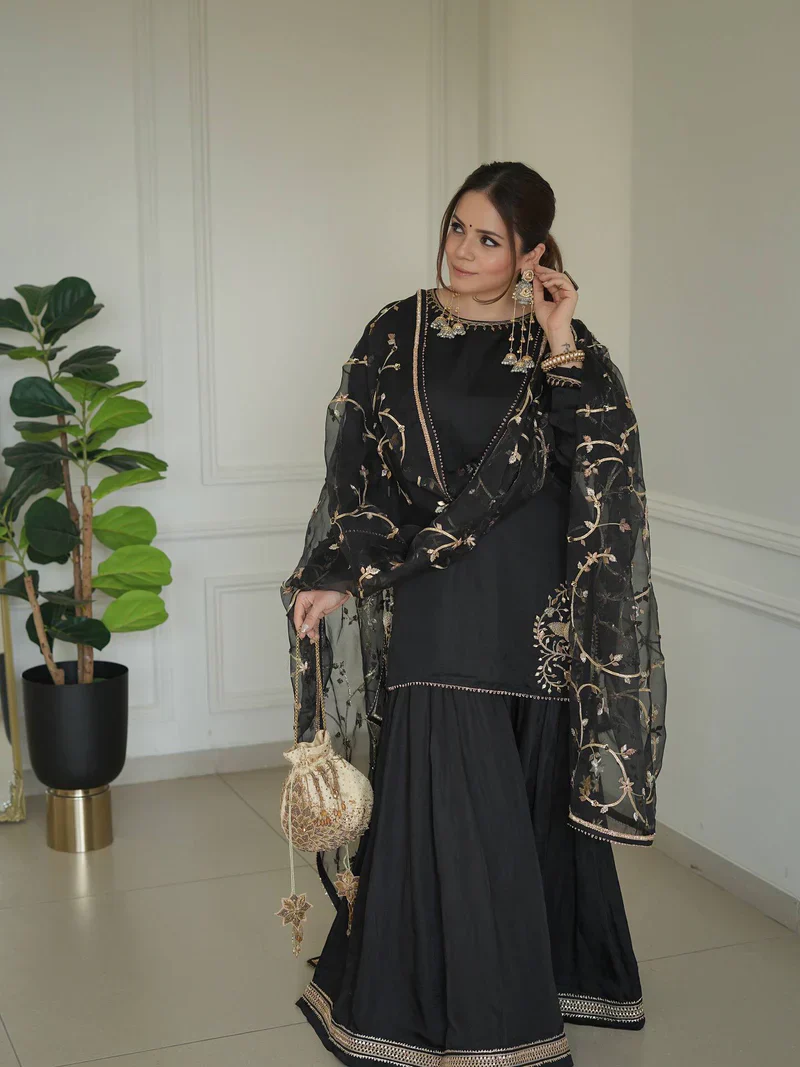 Pure Natural Crep With Embroidery Sequence Work Kurta Set